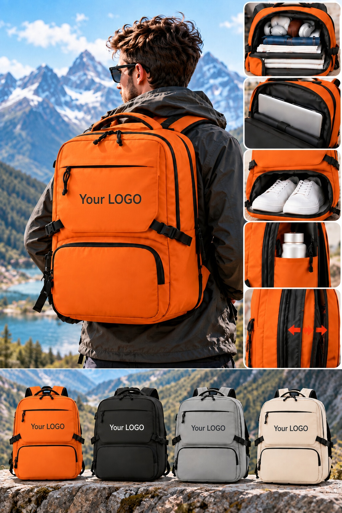 Orange custom travel backpack with logo, compartment details and four colours